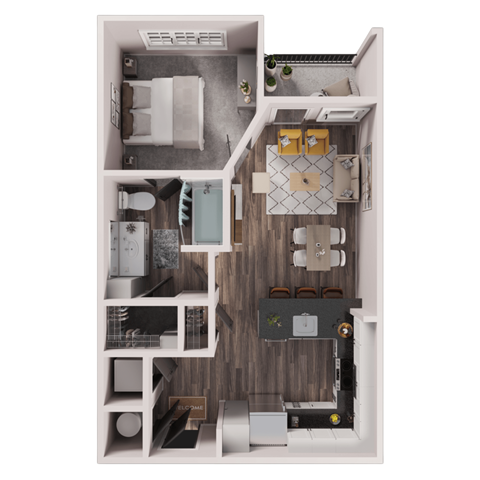 Floor plan for 1 bed, 1 bath, 687 sqft